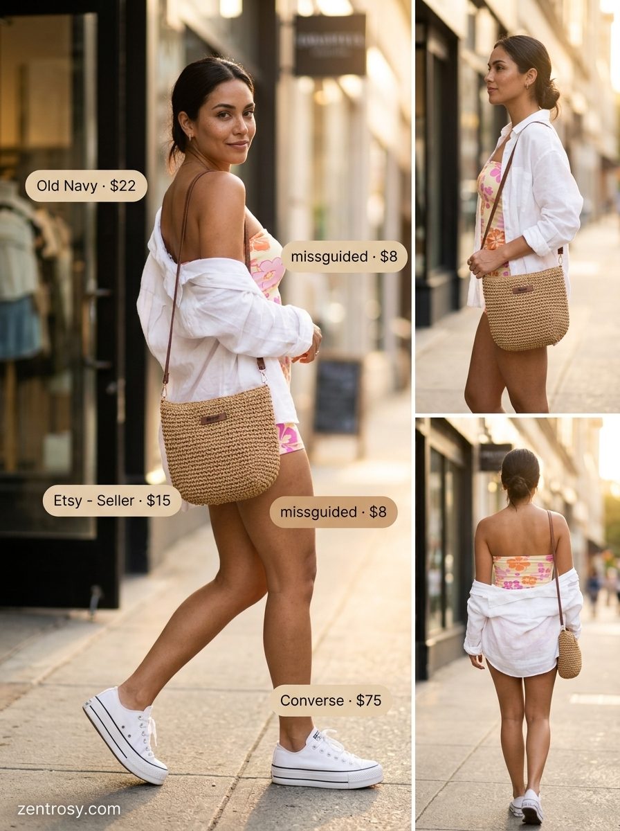 Sexy Miami summer outfits for women 2026: Green & pink tropical matching set with white linen shirt and straw bag.