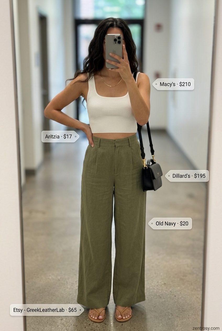 Sexy Miami summer outfits for women 2026: White crop top, olive wide-leg pants, leather sandals, gold necklace.