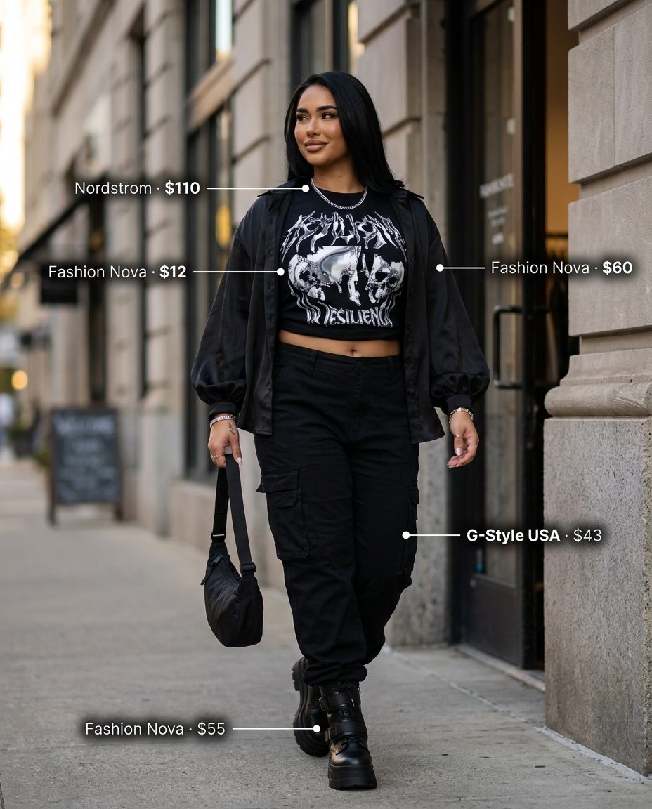 Edgy sexy Miami summer outfit 2026: Black cargo pants, graphic tee, combat boots for city.