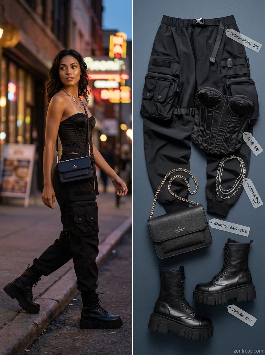 Edgy sexy Miami summer outfit 2026: Black corset top, cargo pants, combat boots for a concert.