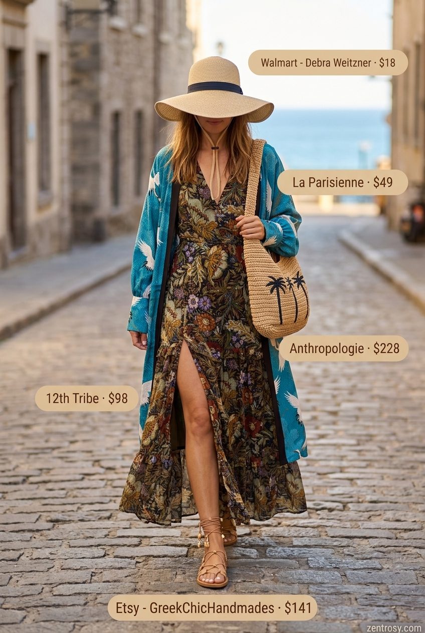 Bohemian print maxi dress with flat sandals for sexy Miami summer outfits for women 2026.
