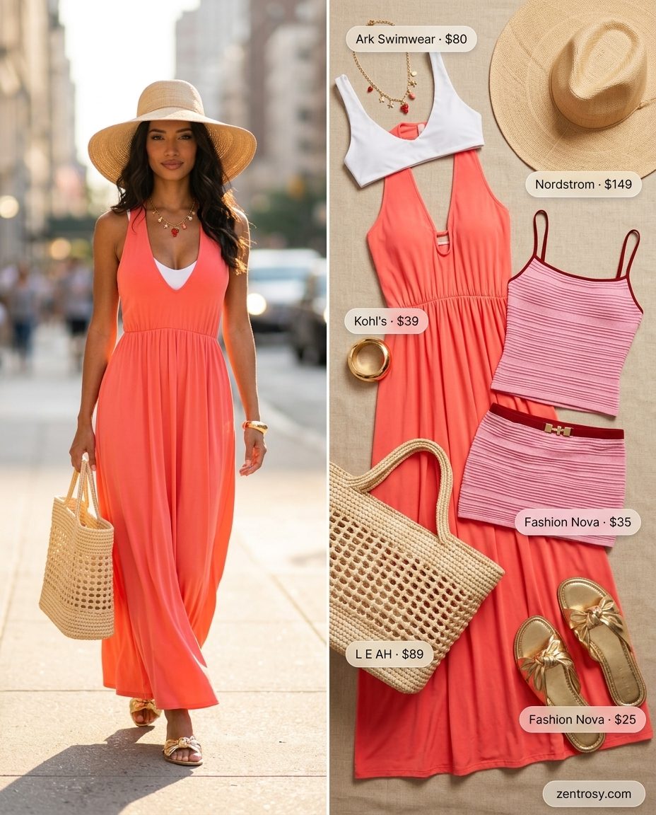 Glamorous sexy Miami summer outfit 2026: Coral maxi dress, white bikini, gold sandals for resort.