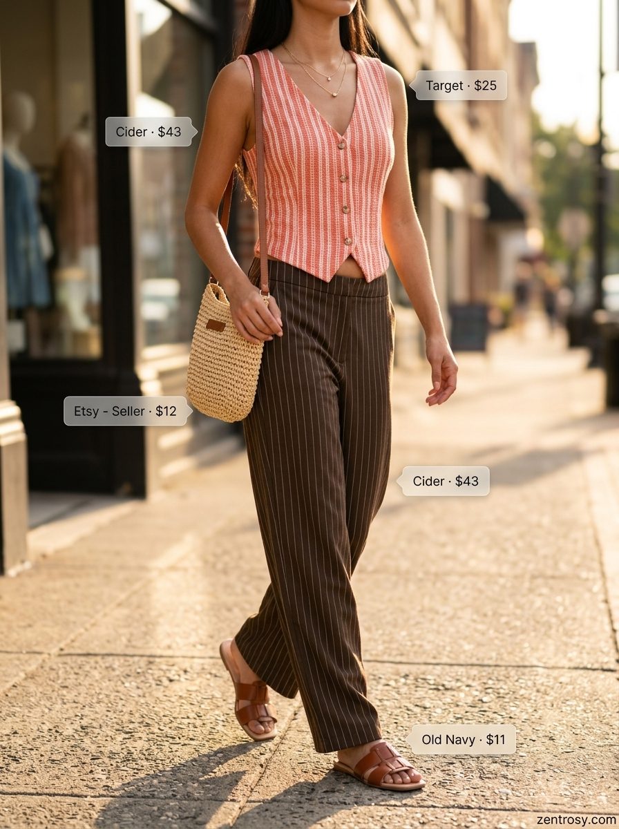 Playful sexy Miami summer outfit 2026: Coral print set, straw bag, gold necklaces for beach day.