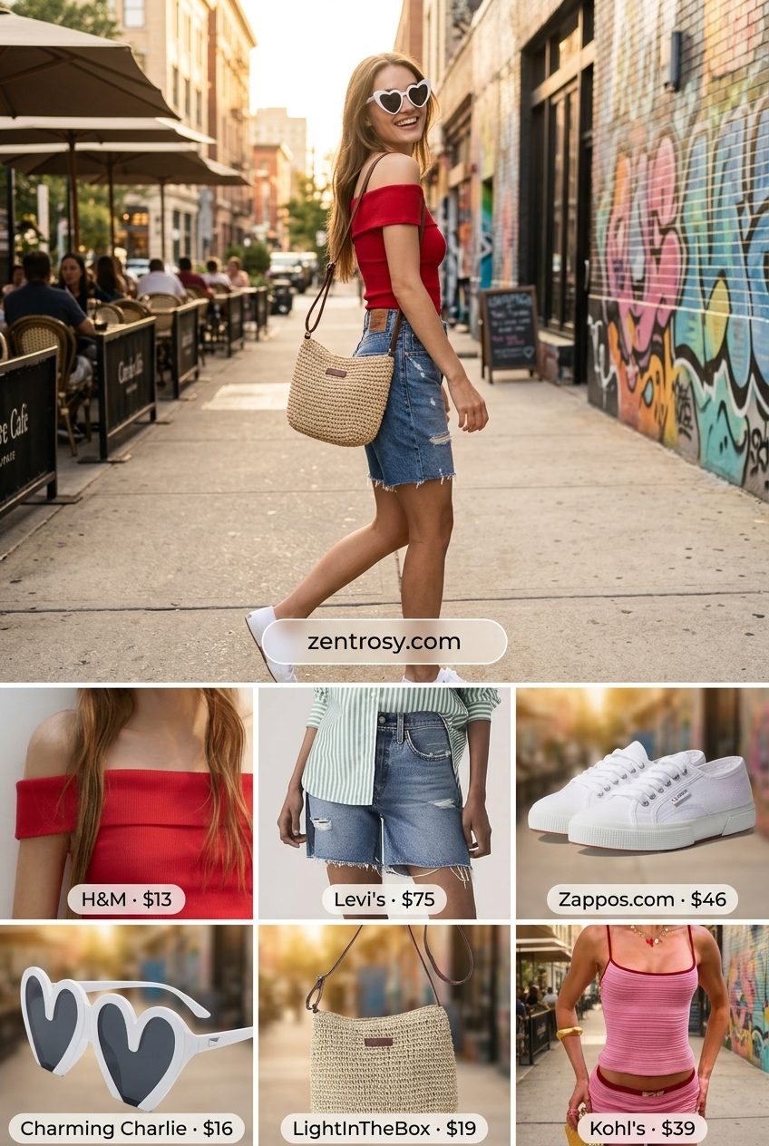Denim shorts with red off-shoulder top for sexy Miami summer outfits for women 2026.