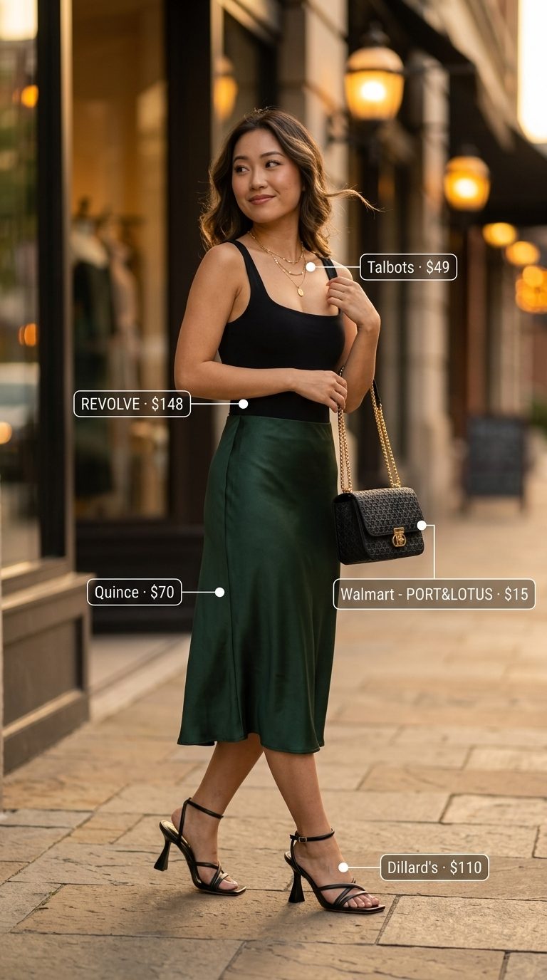 Emerald green satin midi skirt with gold chain bag for sexy Miami summer outfits for women 2026.
