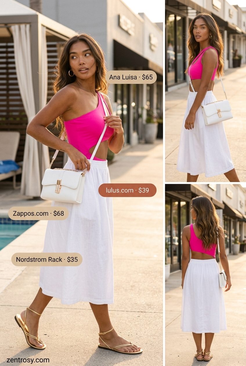 Glamorous sexy Miami summer outfit 2026: Fuchsia swimsuit, white skirt, gold slides for poolside.