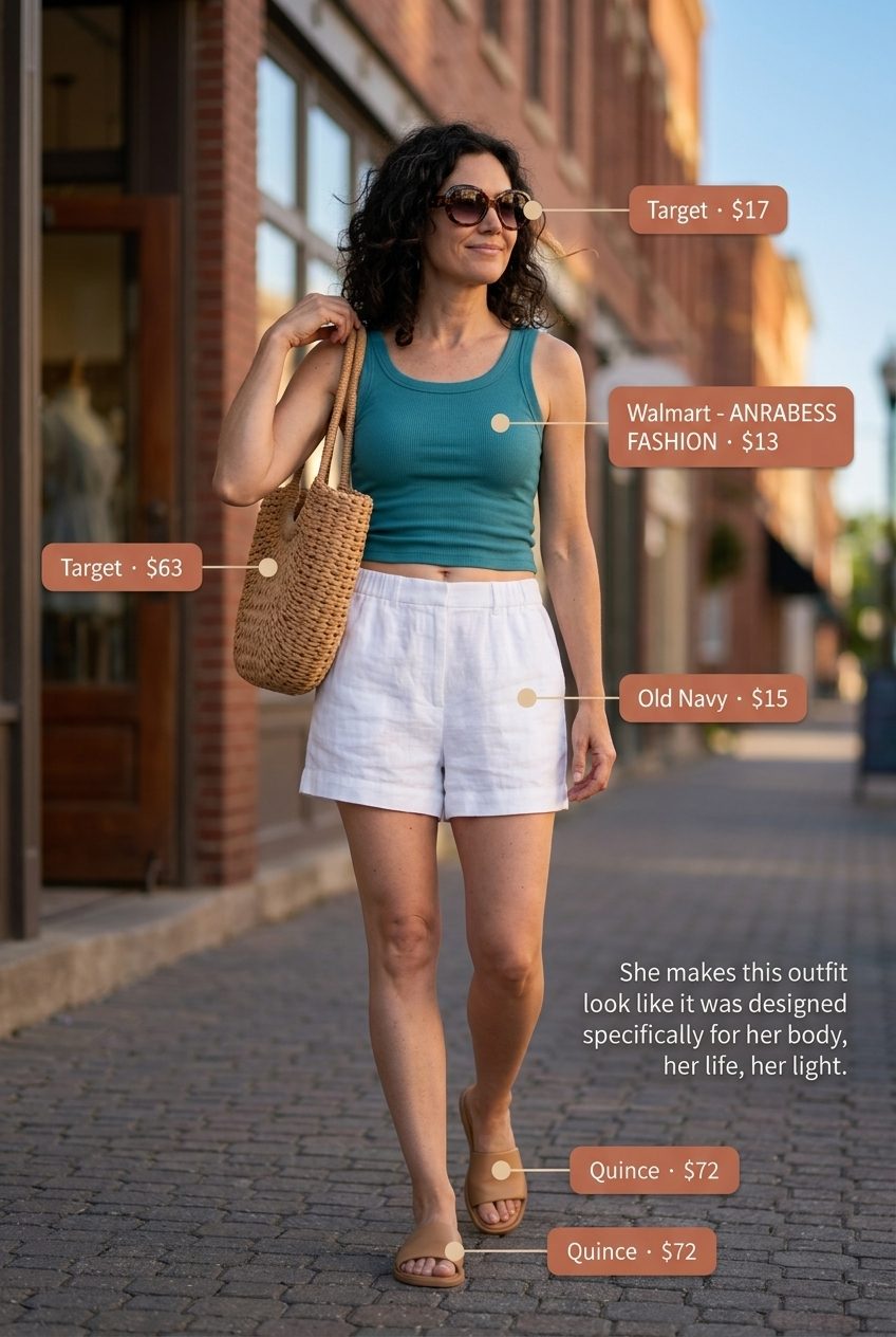Relaxed sexy Miami summer outfit 2026: White linen shorts, turquoise tank, straw bag for brunch.