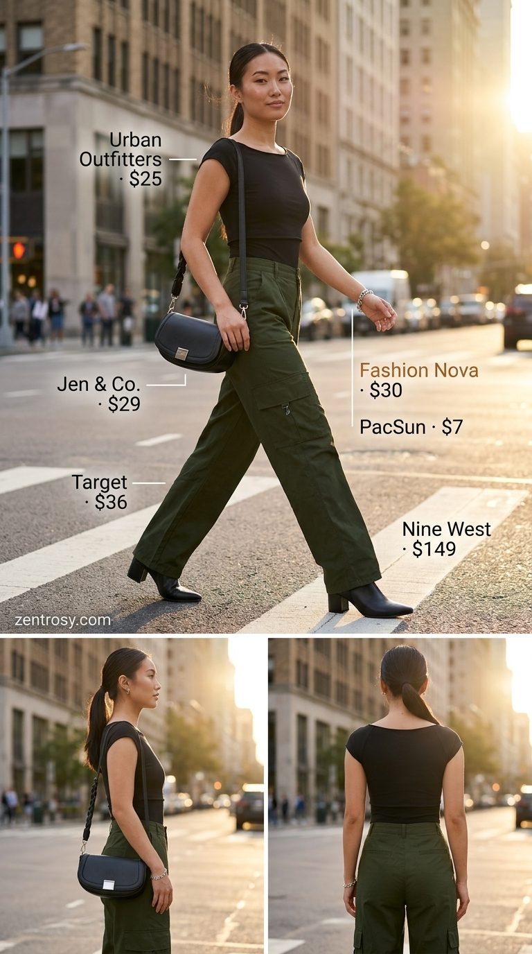 Urban sexy Miami summer outfit 2026: Olive cargo pants, black tee, leather boots for city exploring.