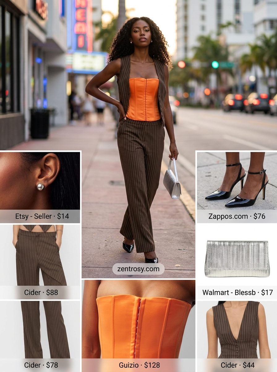 Sexy Miami summer outfit 2026: Orange corset top, black trousers, silver heels for a bold night out.