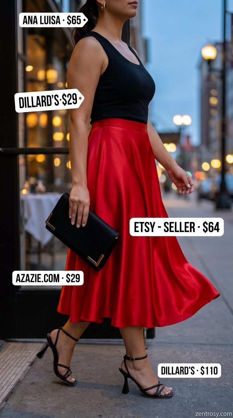 Sophisticated sexy Miami summer outfit 2026: Red midi skirt, black top, strappy heels for dinner.