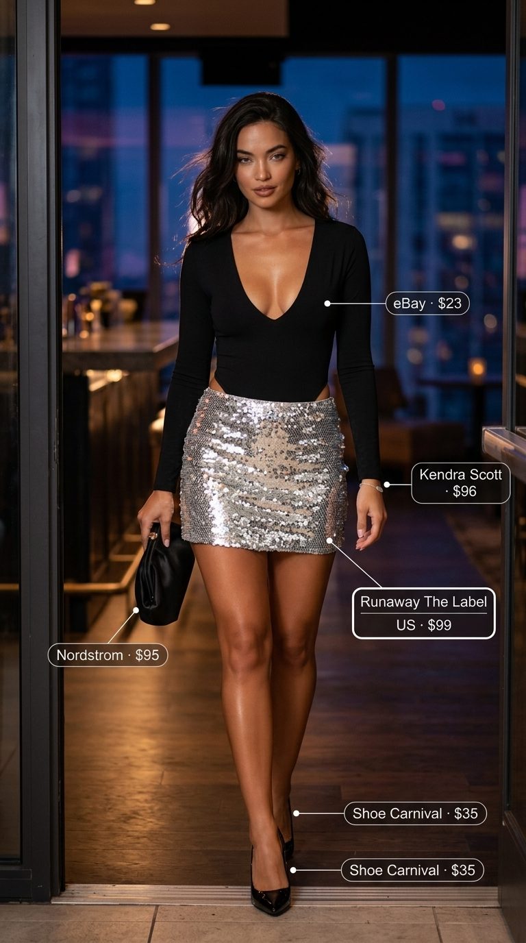 Date Night Sparkle Outfits 2026 Sexy summer night out outfits for women 2026: Sequin mini skirt, plunging neckline bodysuit, and stiletto pumps.