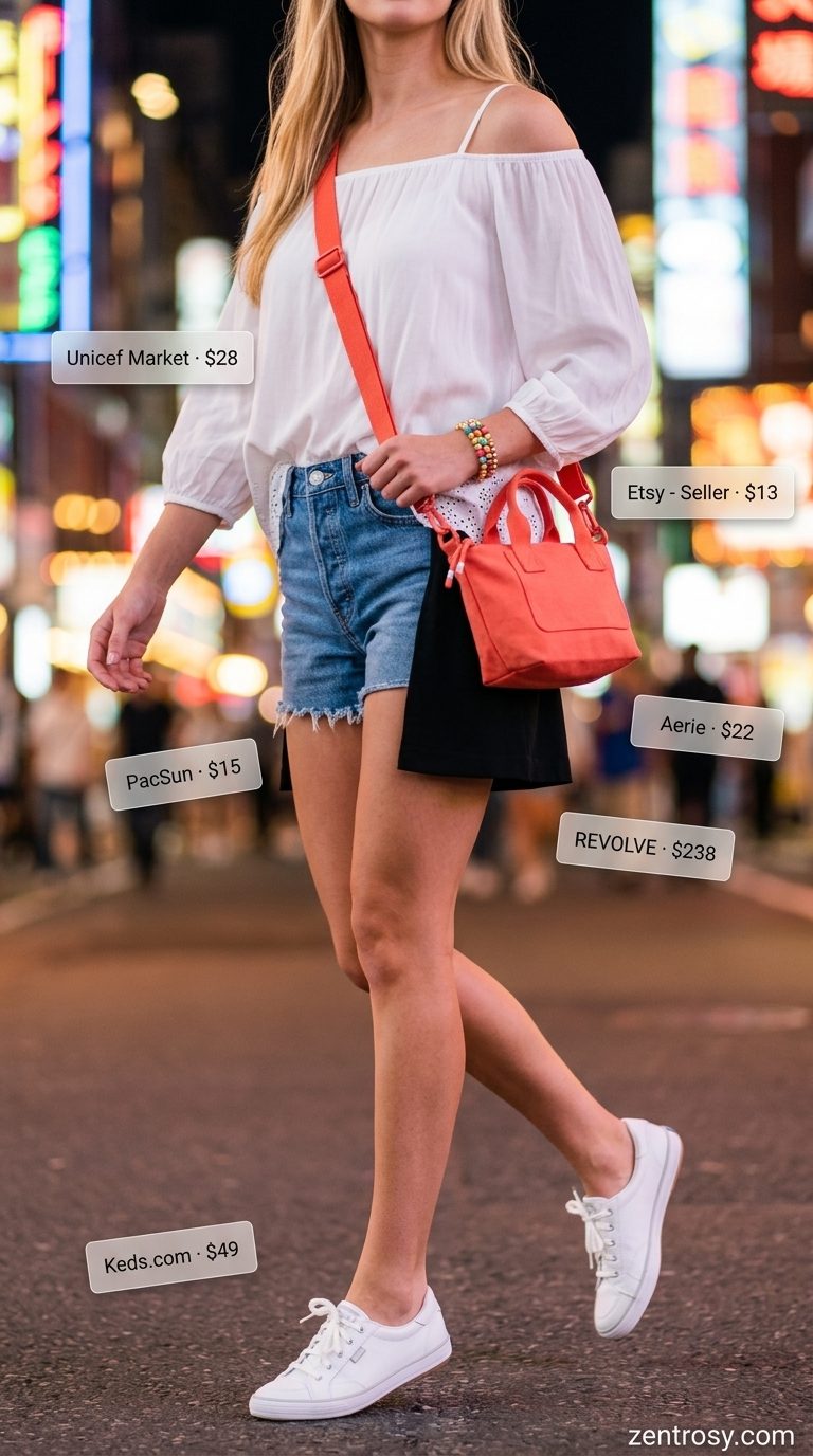 Casual Night Outfits 2026 Sexy summer night out outfits for women 2026: Off-the-shoulder blouse, denim shorts, white sneakers, and coral crossbody bag.