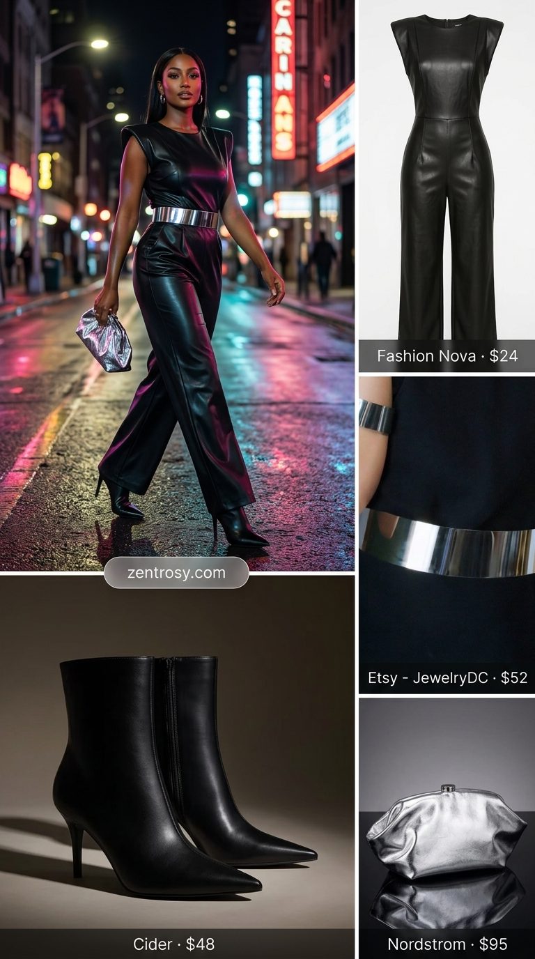 Downtown Cool Outfits 2026 Sexy summer night out outfits for women 2026: Black wide-leg jumpsuit, silver statement belt, and ankle boots.