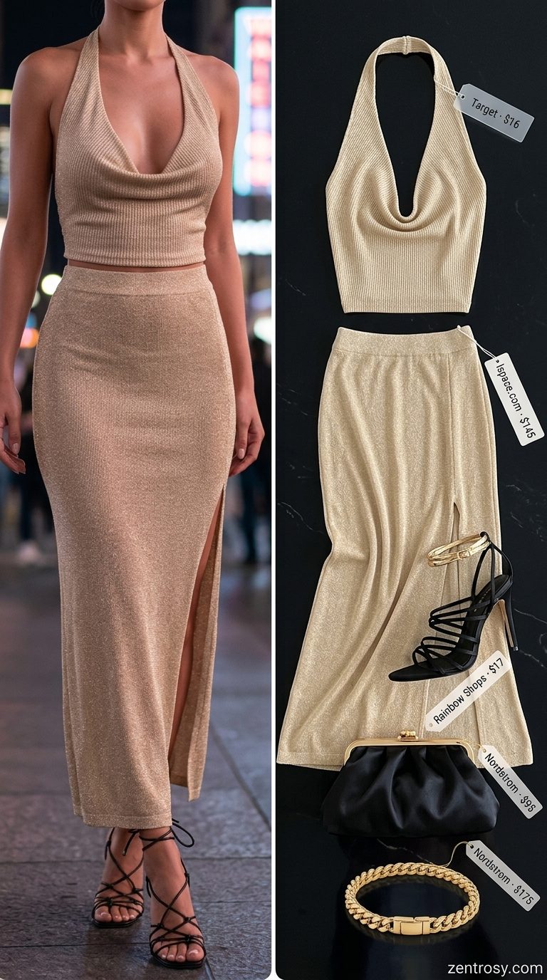 Golden Hour Outfits 2026 Sexy summer night out outfits for women 2026: Metallic gold maxi skirt, black halter crop top, and gold stiletto heels.