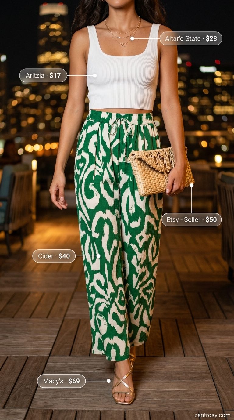 Sunset Glow Outfits 2026 Sexy summer night out outfits for women 2026: Coral palazzo pants, white crop top, gold necklaces, and strappy heels.