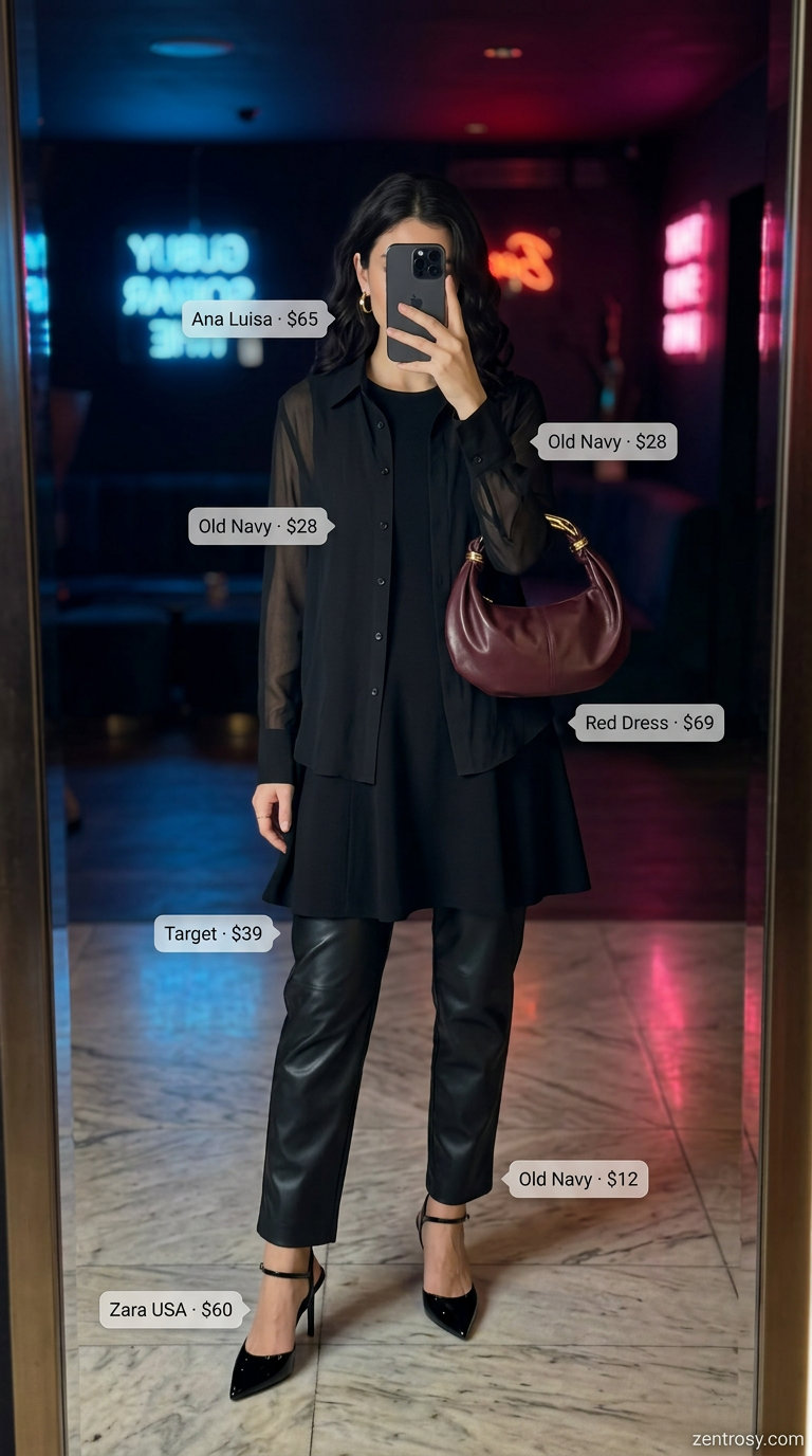 Edgy Faux Leather Pants 2026 Black faux leather pants outfit for sexy summer night out. Edgy for date nights 2026.