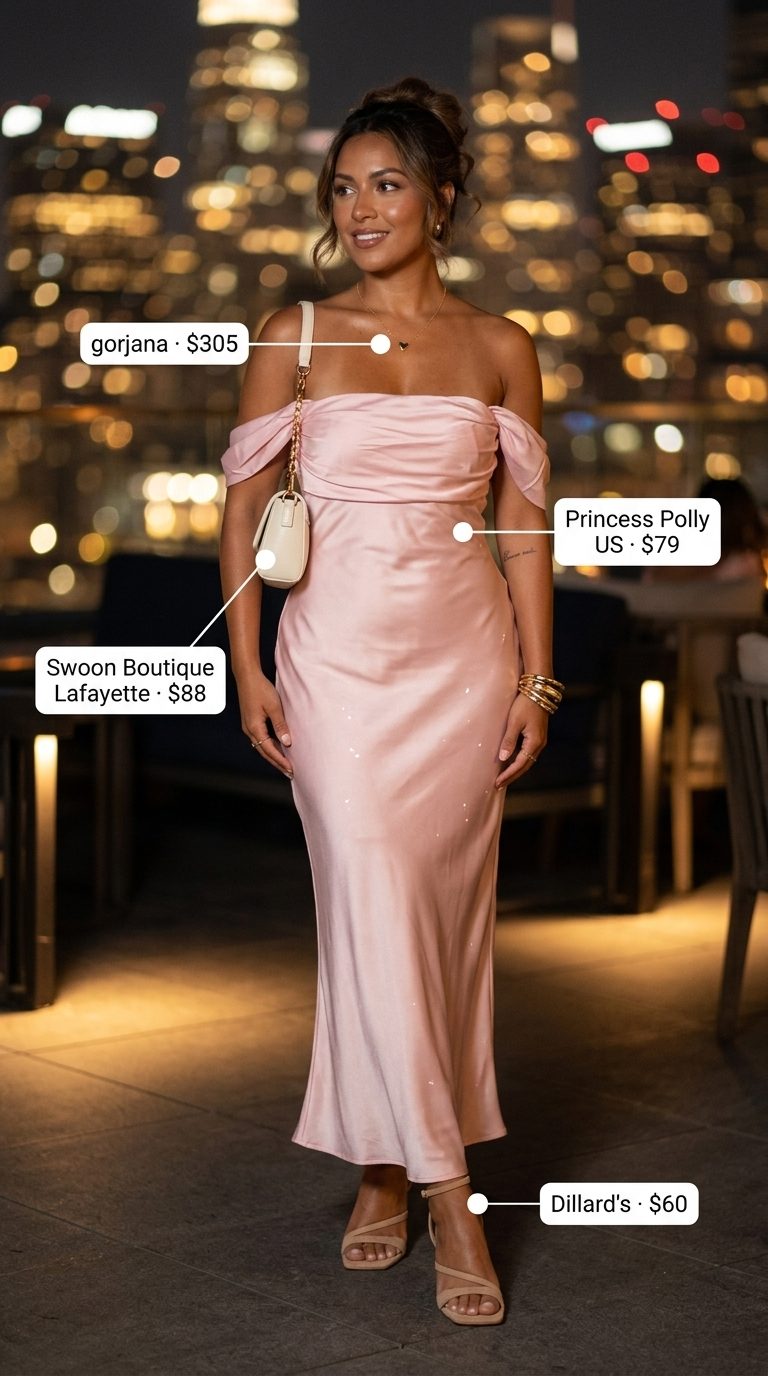 Ethereal Maxi: Sexy Summer Outfits 2026 Sexy summer night out outfit 2026: Blush pink off-the-shoulder maxi dress, gold pendant necklace, and strappy sandals.