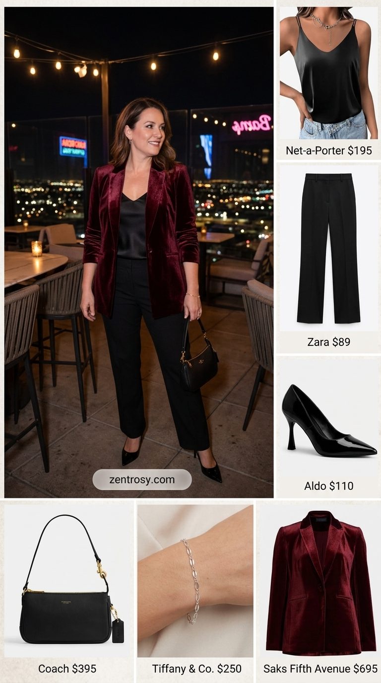 Velvet Blazer Night Out 2026 Burgundy velvet blazer outfit for sexy summer night out. Elegant for cocktail parties 2026.