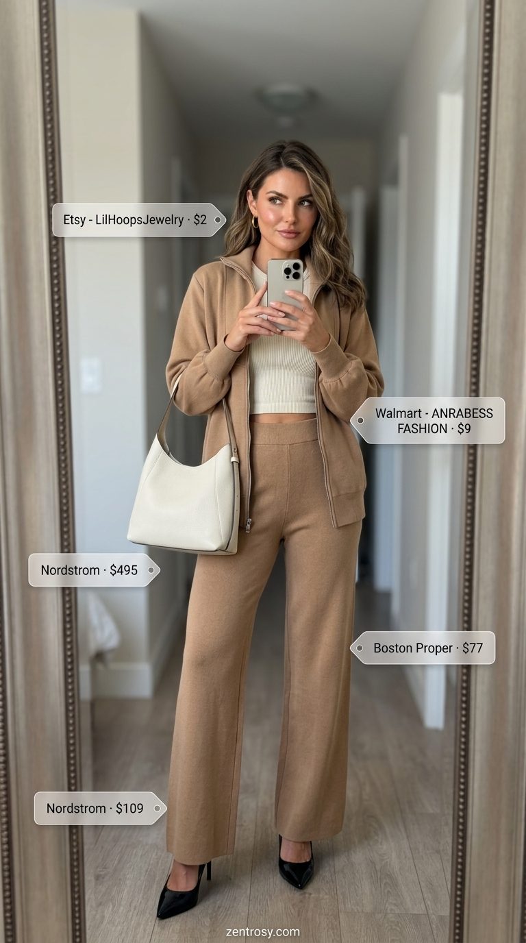 Chic Trousers: Sexy Summer Outfits 2026 Sexy summer night out outfit 2026: Camel wide-leg trousers, black mock-neck crop top, and pointed heels.
