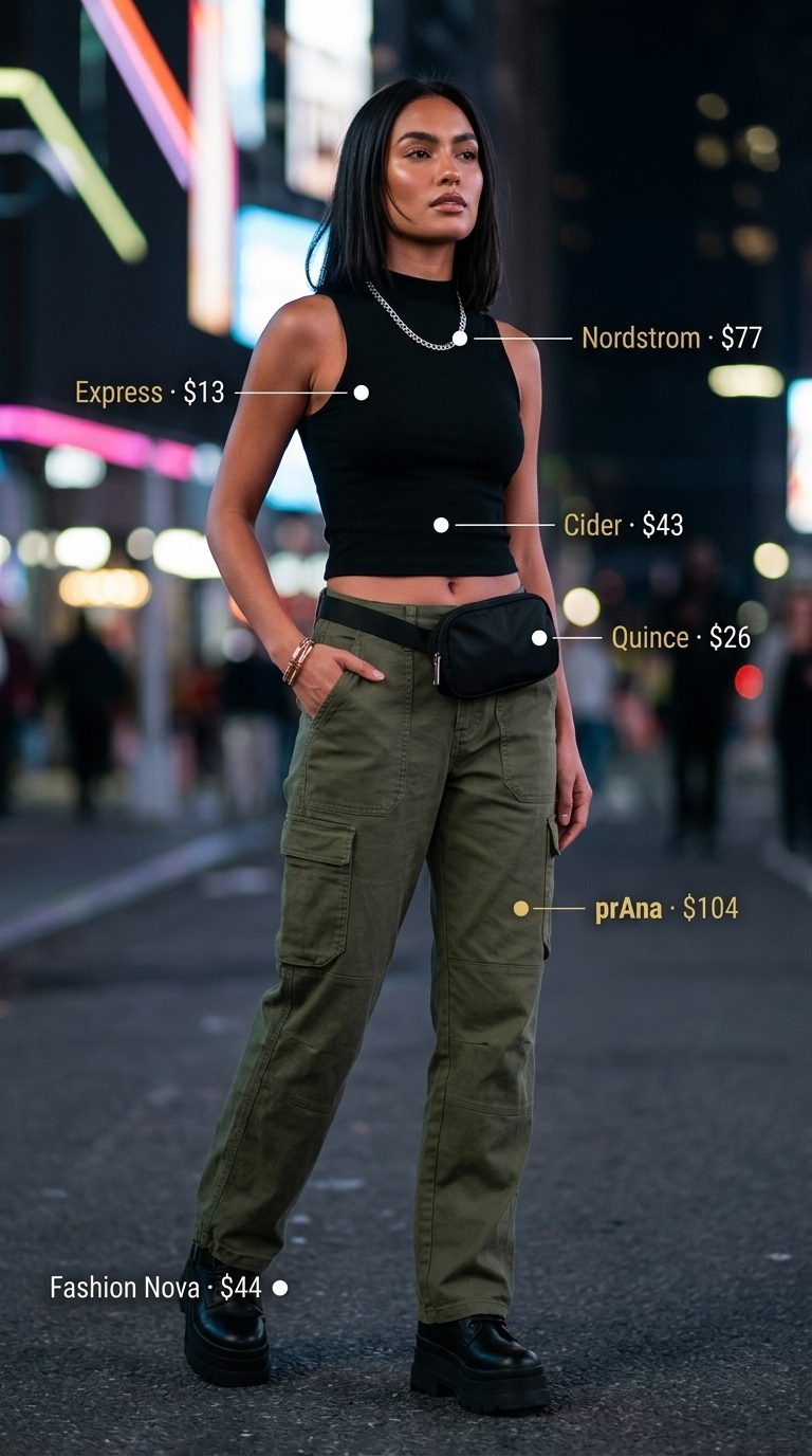 Urban Edge: Sexy Summer Outfits 2026 Sexy summer night out outfit 2026: Olive green cargo pants, black crop top, chunky boots, and silver chain.
