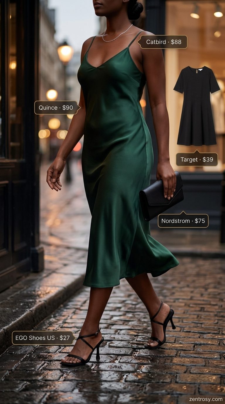 Emerald Green Slip Dress 2026 Emerald green slip dress for sexy summer night out. Sophisticated for date nights 2026.