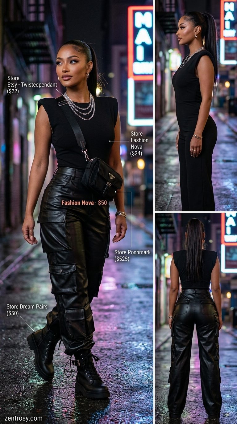 Street Style: Sexy Summer Outfits 2026 Sexy summer night out outfit 2026: Black faux leather cargo pants, black bodysuit, chunky boots, and silver chain.