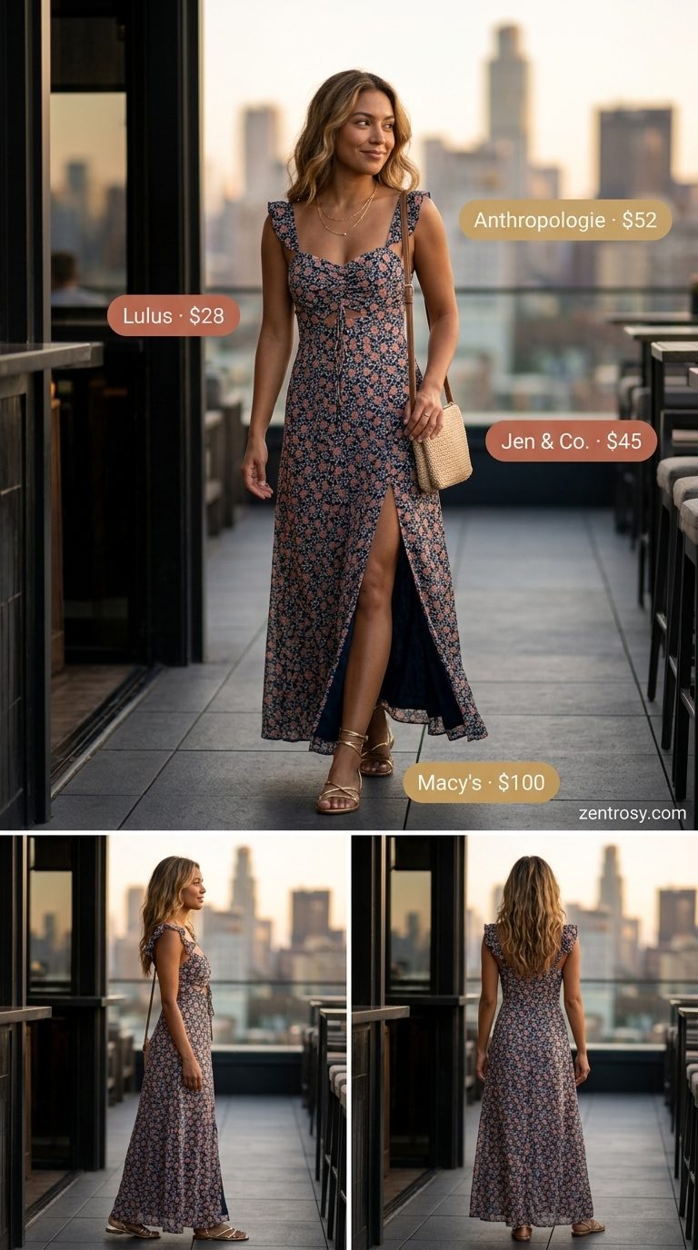Boho Chic: Sexy Summer Outfits 2026 Sexy summer night out outfit 2026: Navy floral maxi dress, gold layered necklaces, and straw crossbody bag.