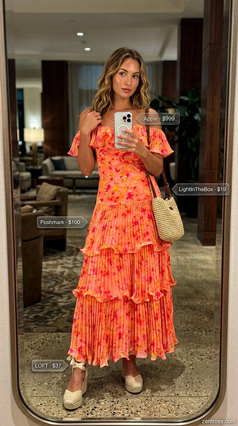 Tropical Glam: Sexy Summer Outfits 2026 Sexy summer night out outfit 2026: Coral floral off-the-shoulder maxi dress, espadrille wedges, and layered necklaces.