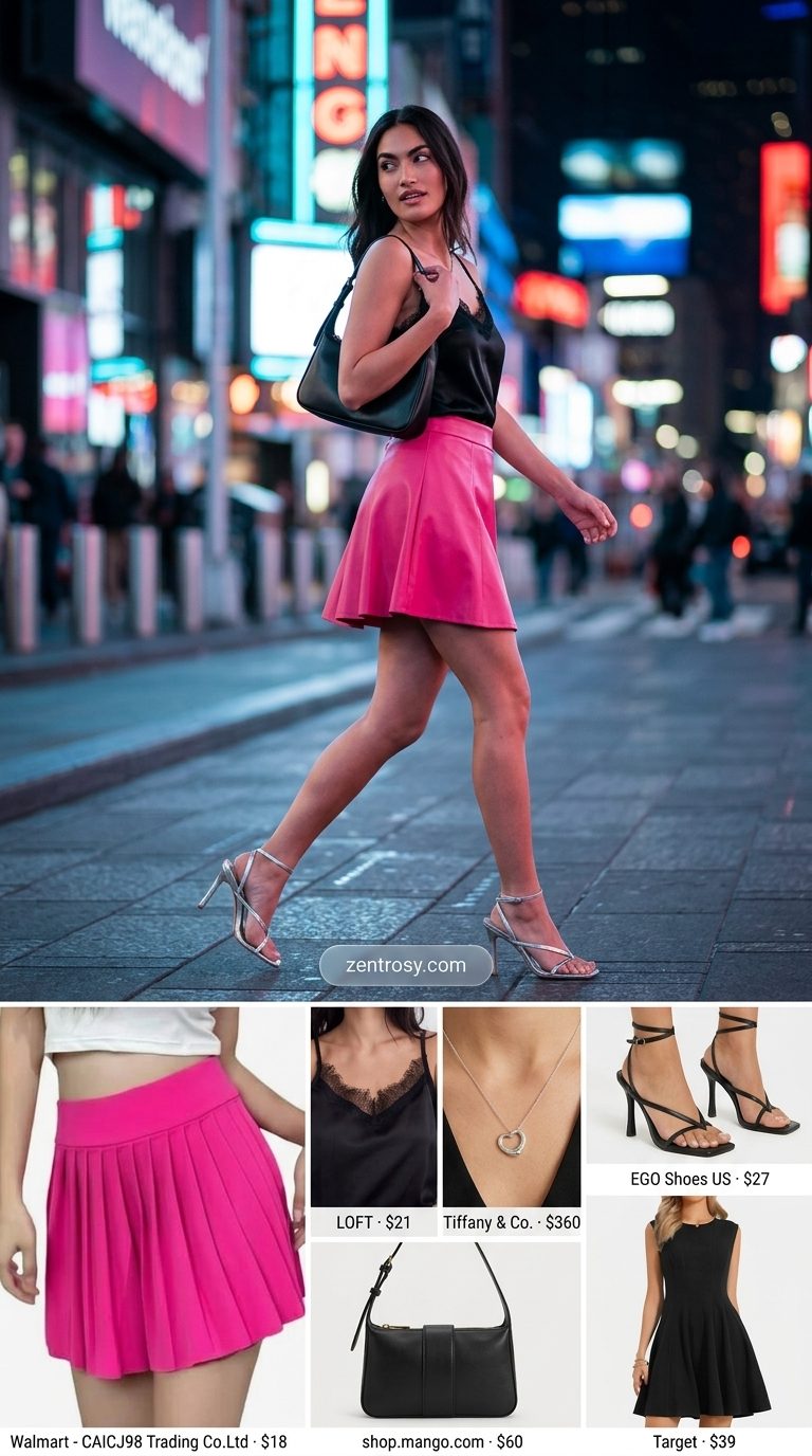 Playful Pink: Sexy Summer Outfits 2026 Sexy summer night out outfit 2026: Hot pink satin mini skirt, black lace camisole, and heeled sandals.