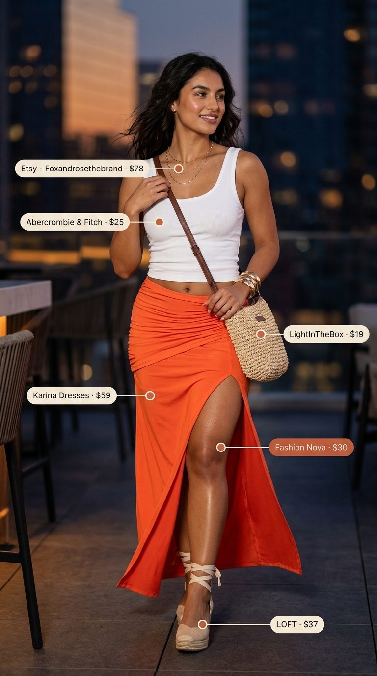 Sunset Orange Maxi Skirt 2026 Orange maxi skirt outfit for sexy summer night out. Effortless for beachside dinners 2026.