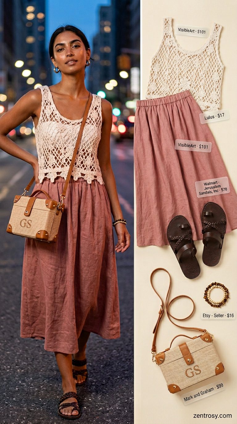 Boho Linen Skirt Night Out 2026 Bohemian rust linen skirt outfit for sexy summer night out. Relaxed for festivals 2026.