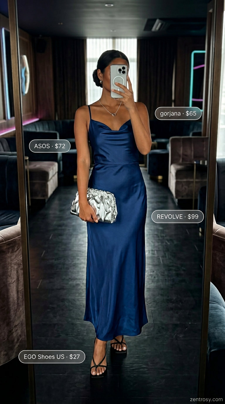 Glam Night: Sexy Summer Outfits 2026 Sexy summer night out outfit 2026: Sapphire blue satin slip dress, silver clutch, and strappy heels.