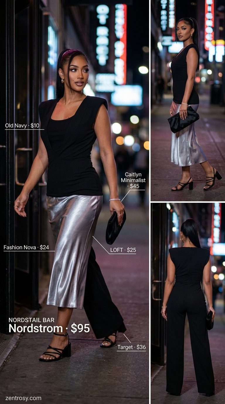 Silver Satin Slip Skirt 2026 Silver slip skirt outfit for sexy summer night out. Glamorous for parties 2026.