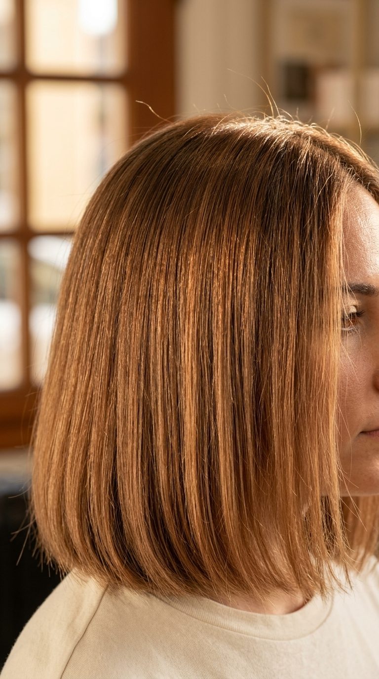 long blunt sheer copper-glaze balayage with amber, natural base technique — minimalist healthy glow look