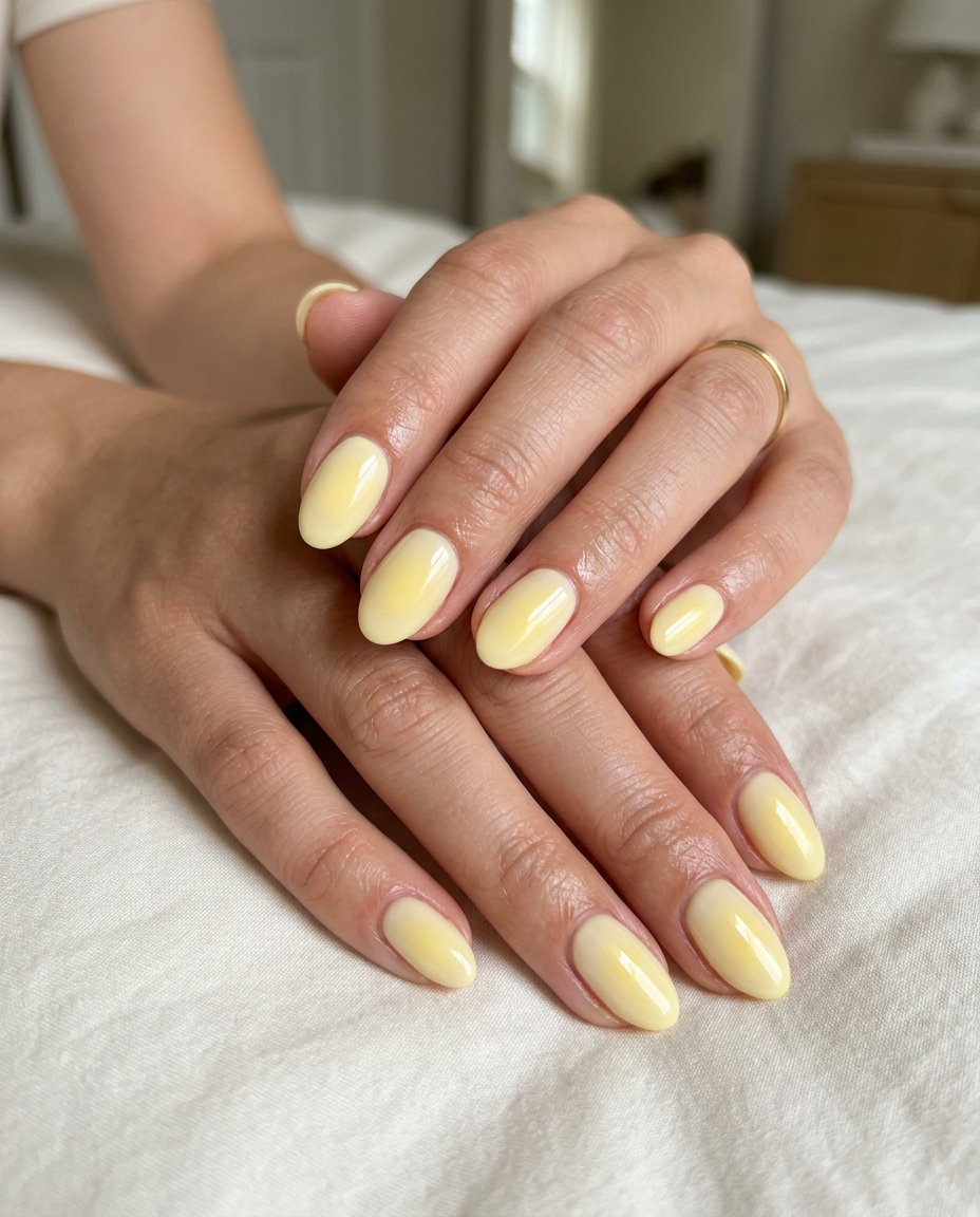 Short gel nails summer 2026 in butter yellow aura gradient for cheerful festival vibes.