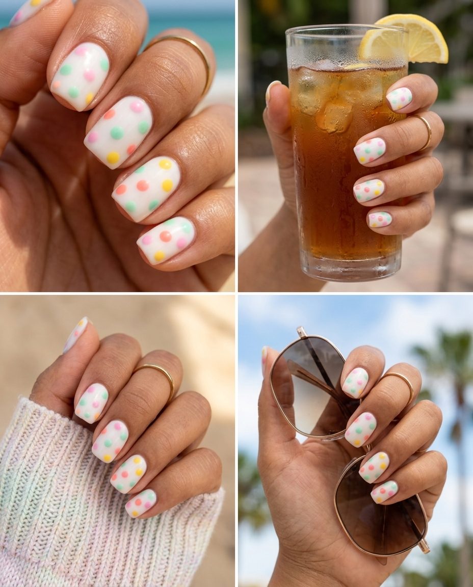 Short gel nails summer 2026: Playful multicolor confetti dots on sheer white base for casual outings.