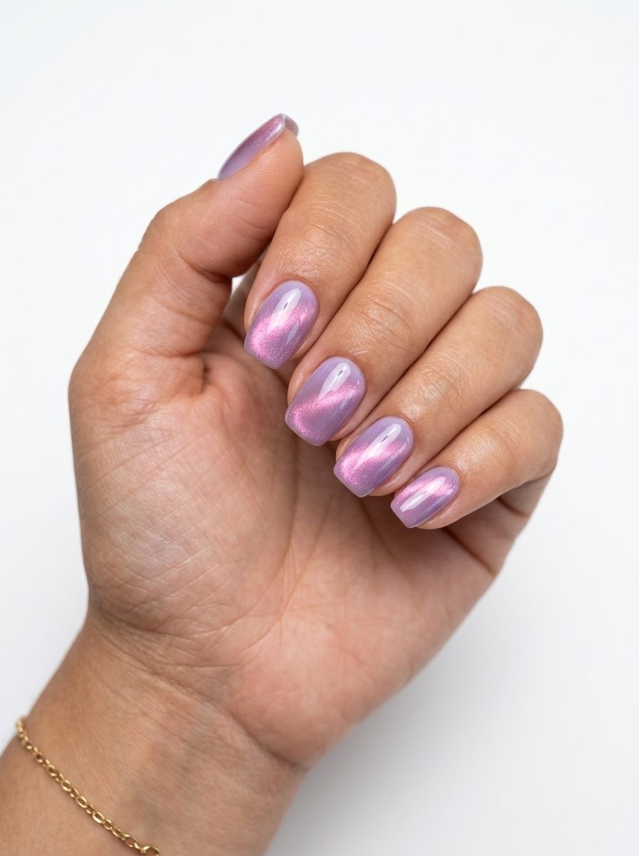 Short gel nails summer 2026: Mystical lavender haze cat-eye nails on short oval shapes for date night.