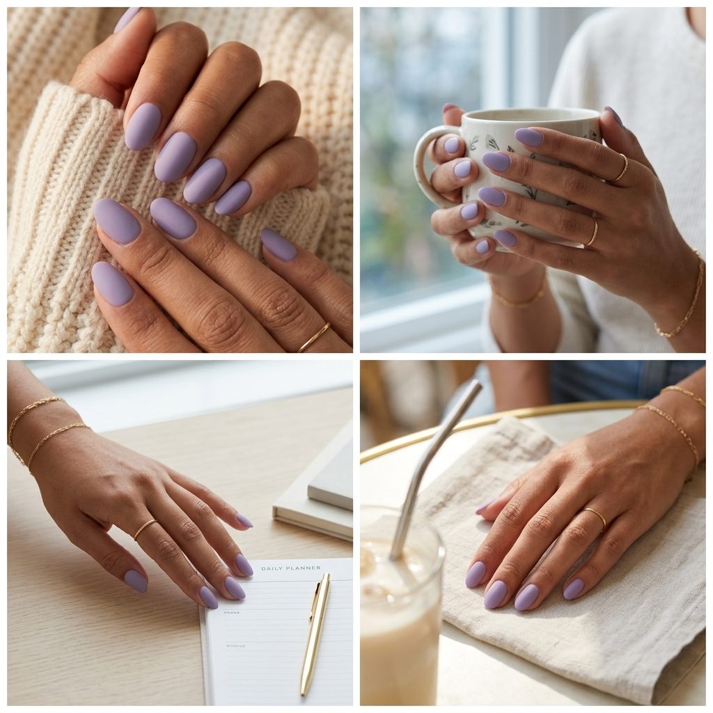 Short gel nails summer 2026 in muted lavender velvet matte finish for sophisticated daily wear.