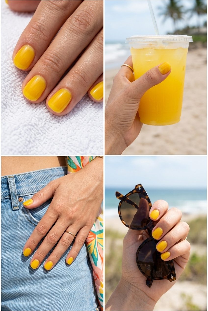 Short gel nails summer 2026: Vibrant sheer yellow jelly nails for a playful, juicy look on short squoval shapes.