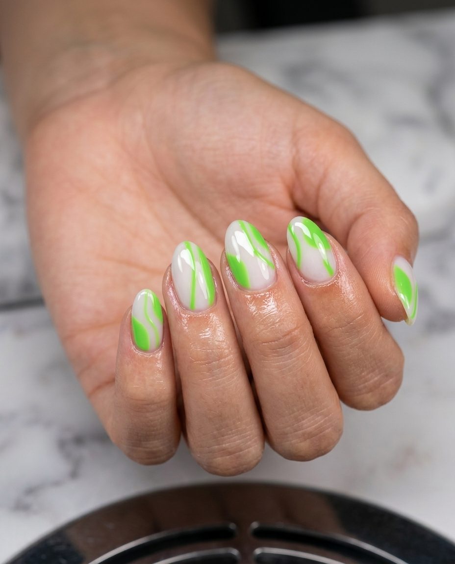 Short gel nails summer 2026: Abstract lime green art on milky white soft almond nails for festivals.