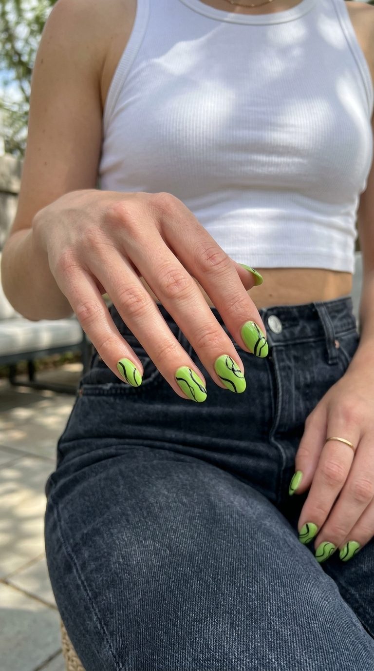 Short gel nails summer 2026: Edgy lime green abstract lines on squoval nails for festivals and parties.