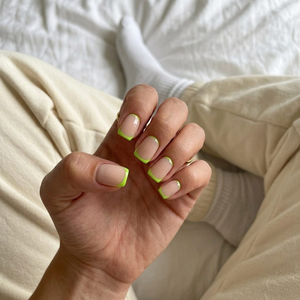 Short gel nails summer 2026: Edgy electric lime reverse French on squoval nails for festivals.