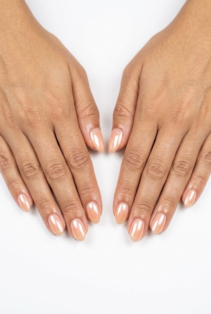 Short gel nails summer 2026: Sheer peach glazed donut nails with iridescent shimmer for date night elegance.