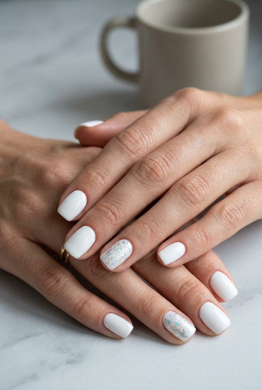 Short gel nails summer 2026 in classic white with holographic chrome accents for chic style.