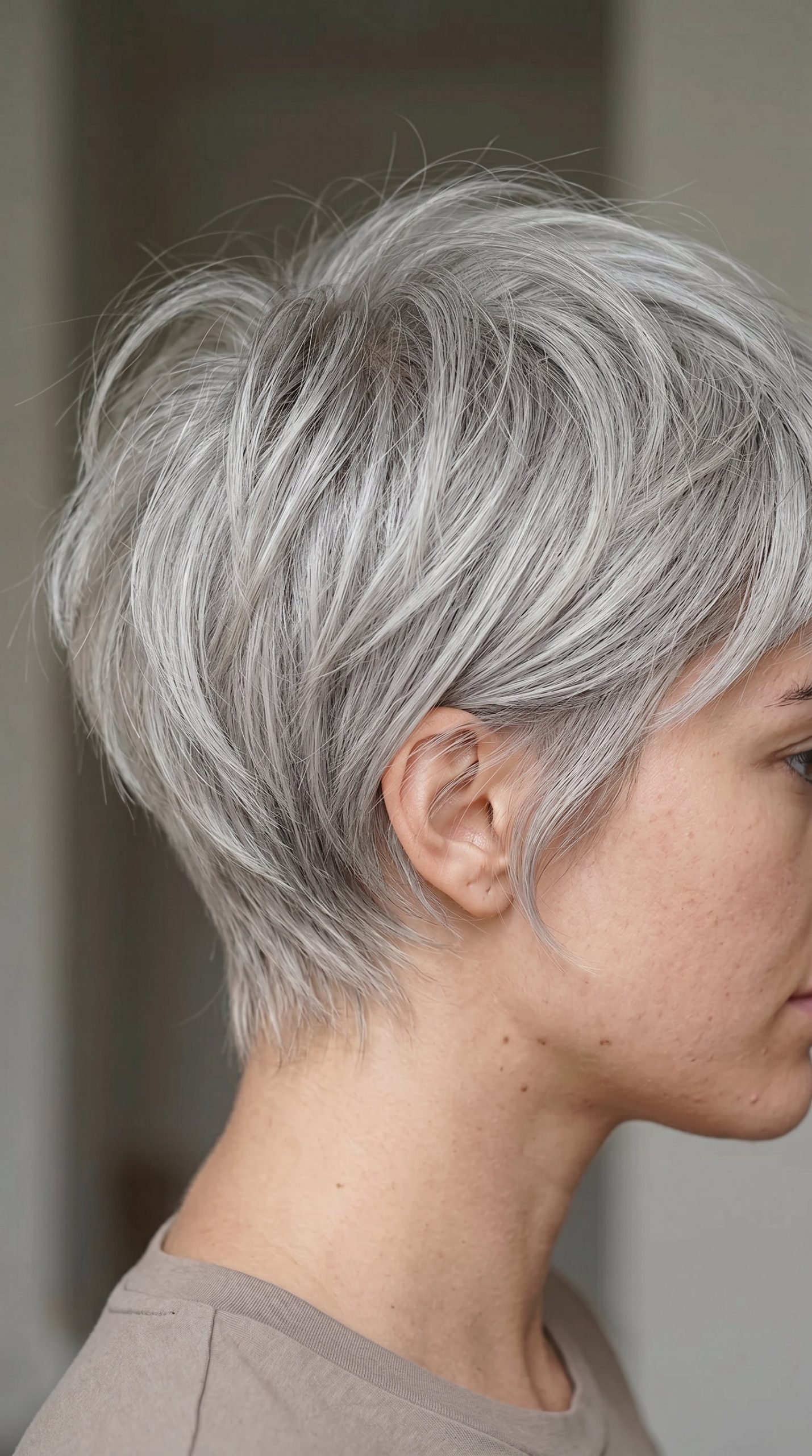 very short pixie haircut in silver gray with highlights, point cut layers — minimalist casual chic