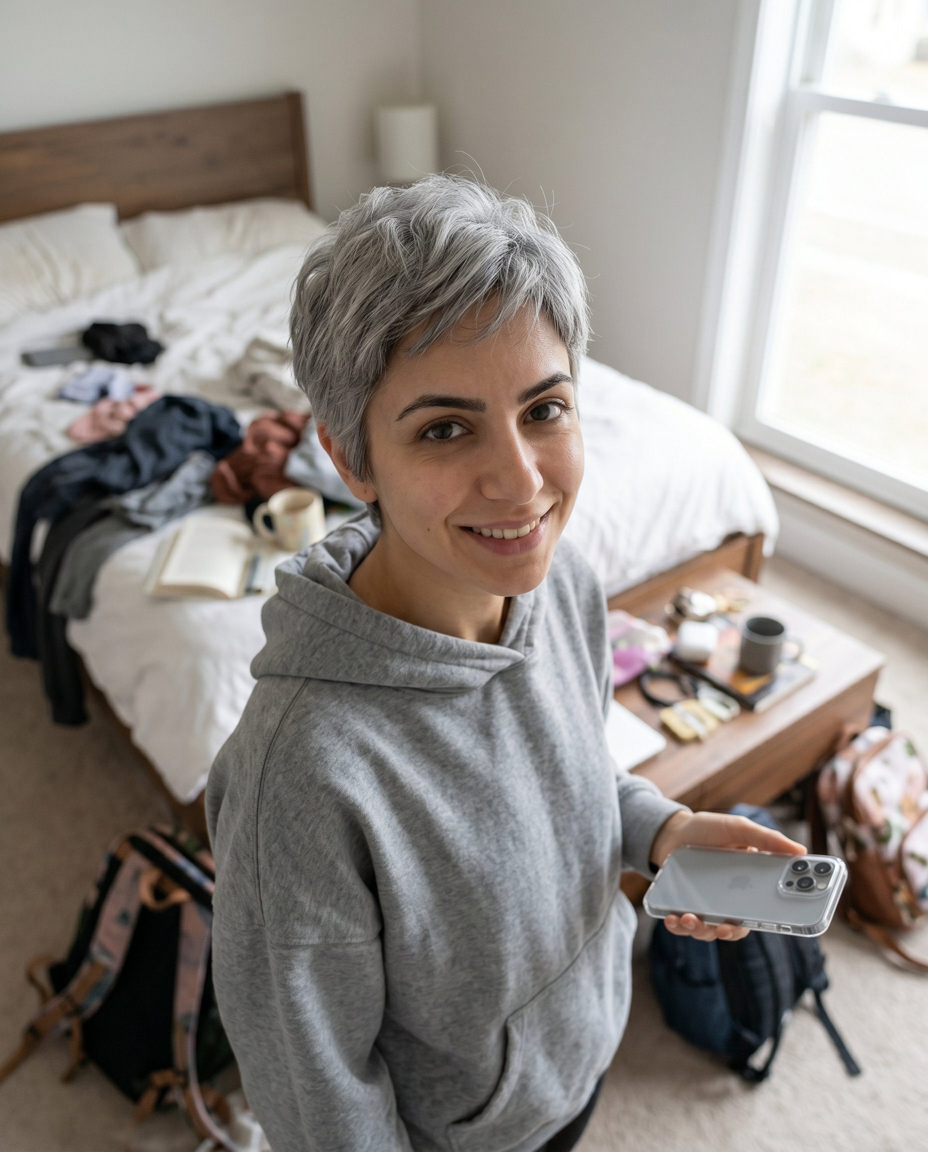 very short pixie haircut with silver gray, tapered sides and tousled texture for chic look