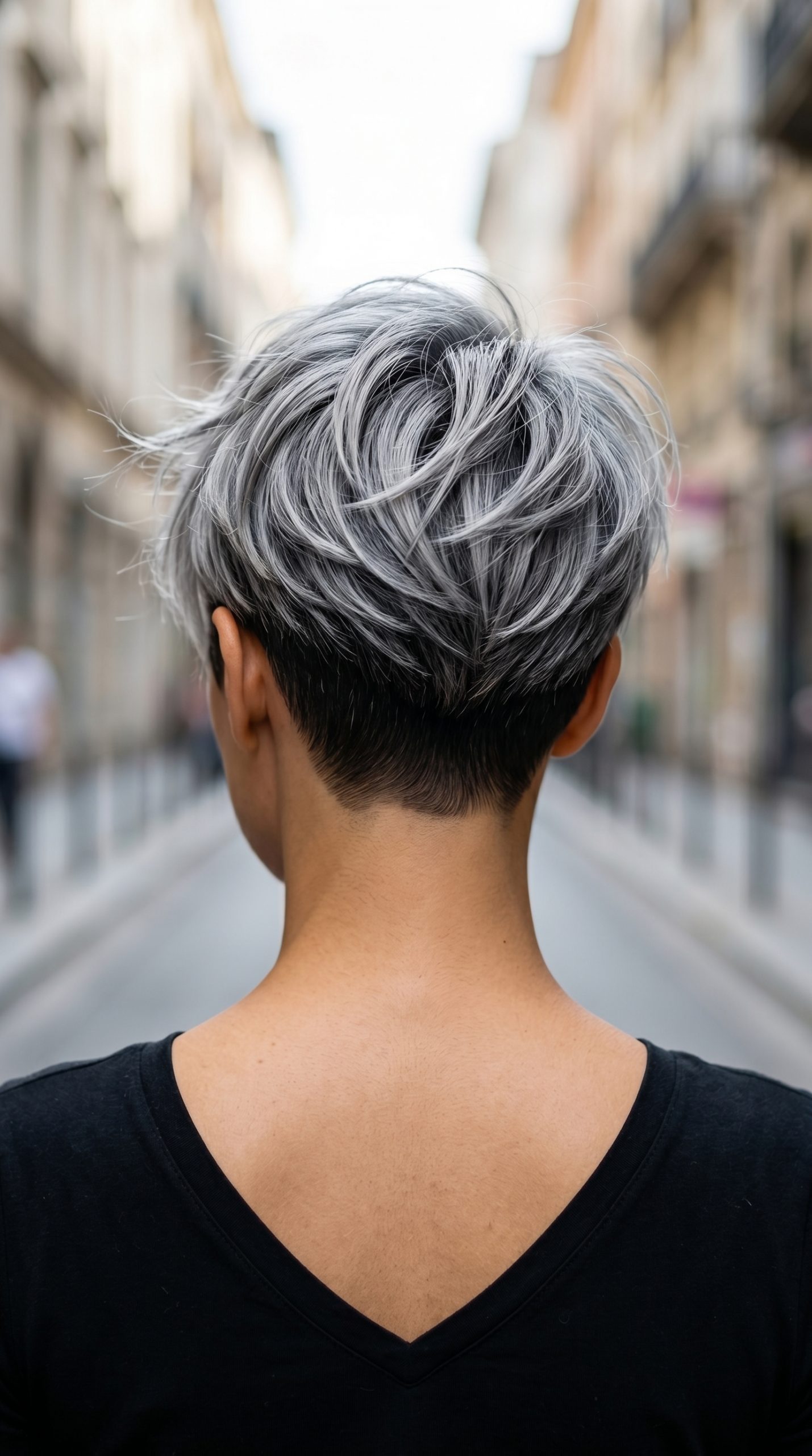 very short pixie haircut with silver gray, undercut, textured layers for edgy events