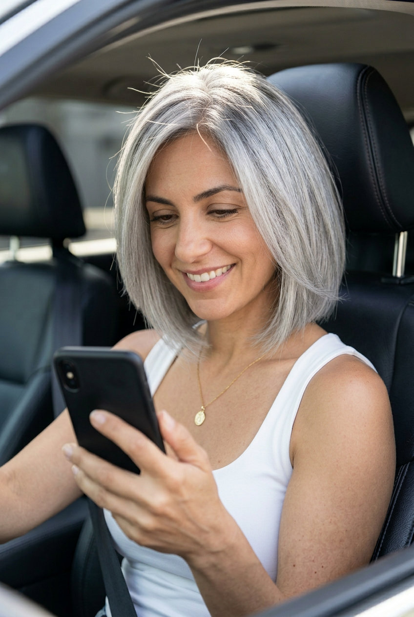 short chin-length bob haircut with silver-grey, cool ash root smudge, subtle crown layers, blunt perimeter — elegant sophisticated style