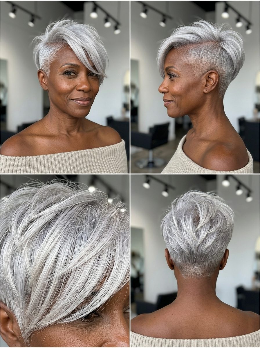long top silver undercut haircut with pearlescent gloss and asymmetric fringe for edgy events