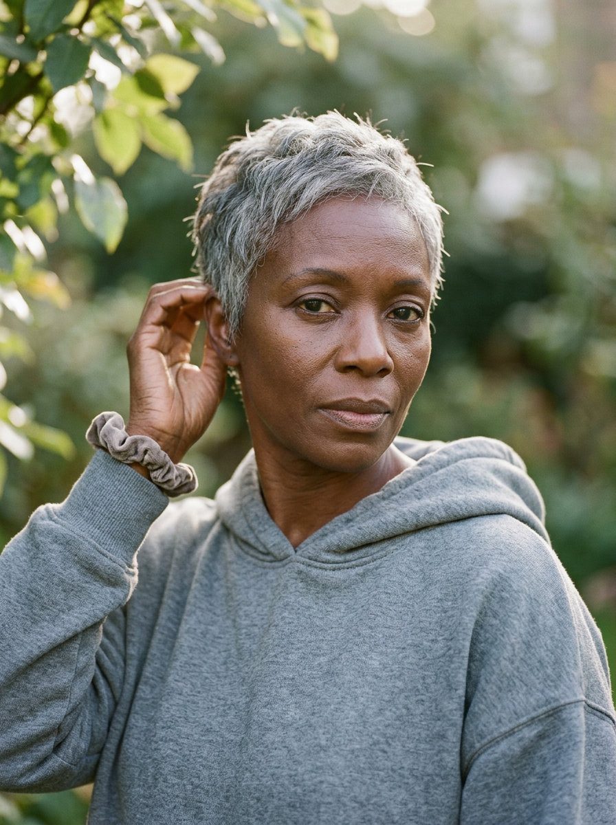 short pixie haircut in natural silver-pepper blend with choppy texture, wispy fringe — modern